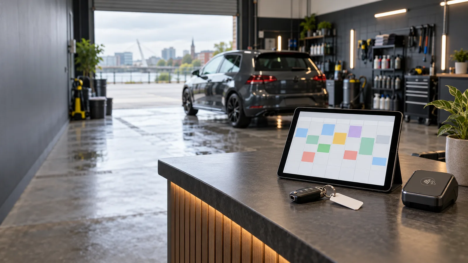 Detailing studio reception with a tablet showing a booking calendar, car keys and a card terminal, with a car in the bay