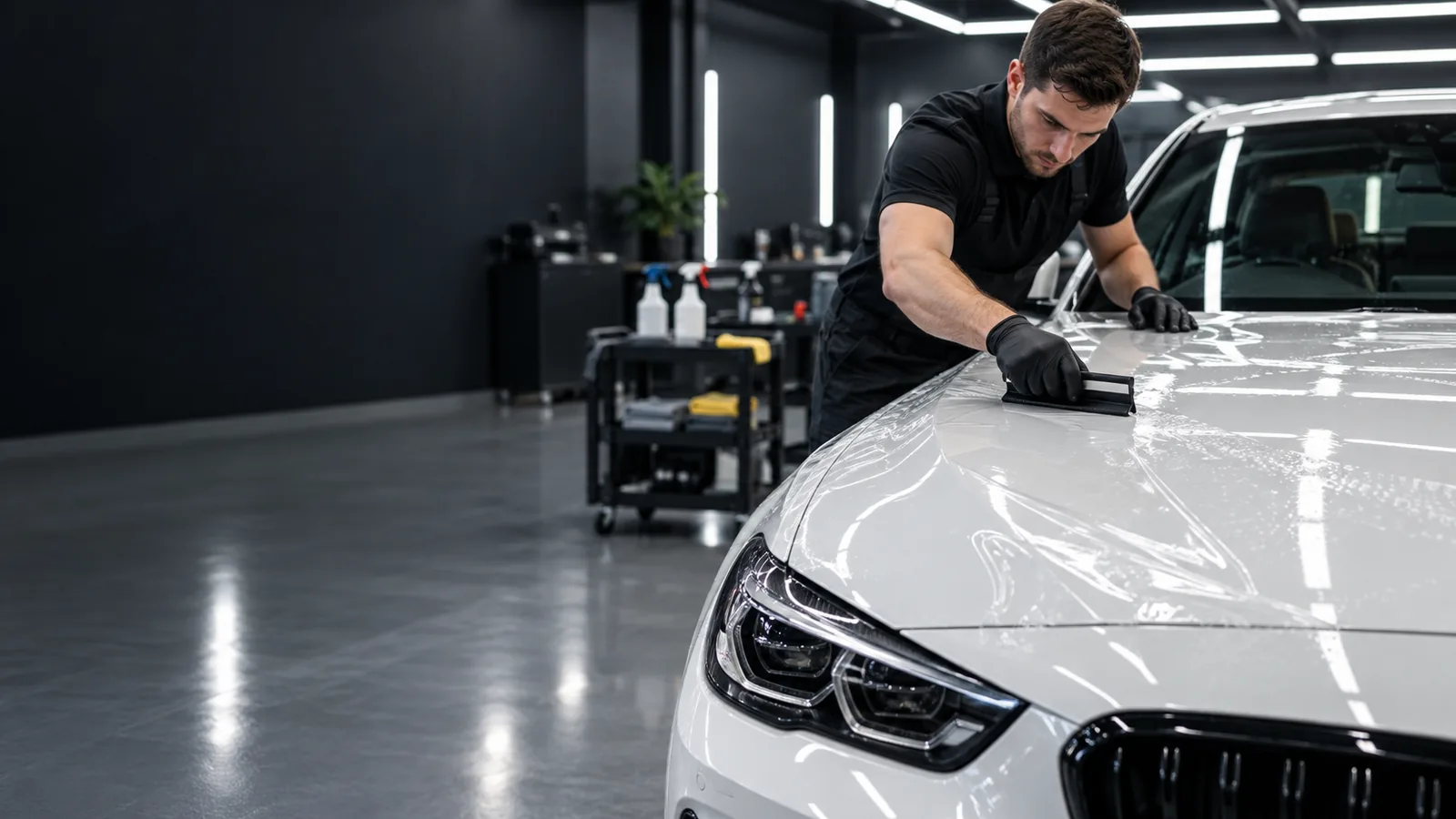 Technician applying paint protection film to a white car bonnet in a detailing studio