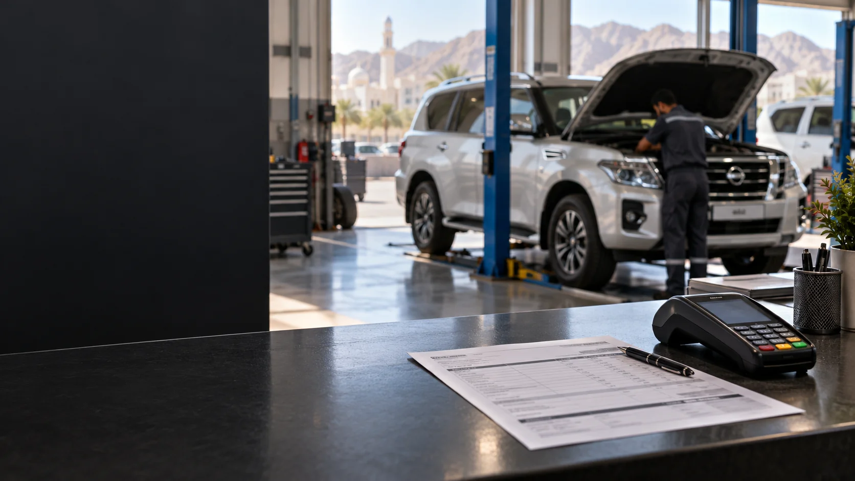 Auto service reception with an invoice, payment terminal and vehicle service bay