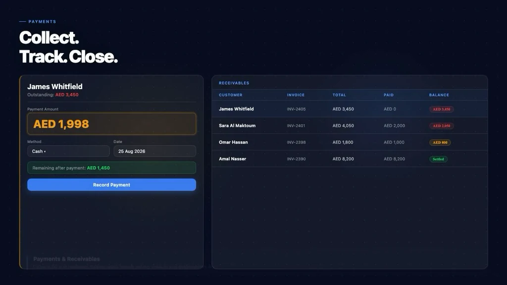 MotorDesk payments and receivables screen for workshop balances